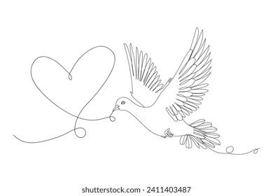 Drawn flying dove and heart shape on white background