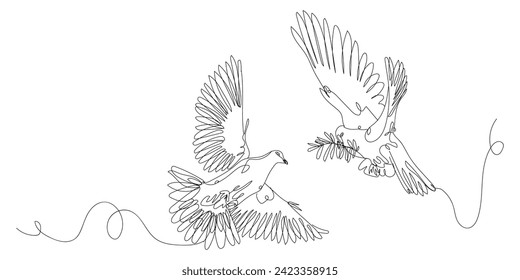 Drawn flying doves on white background