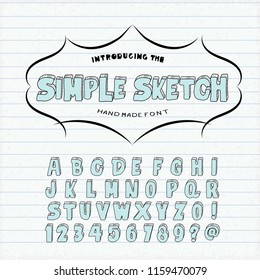 Drawn font and alphabet, abstraction. School notebook. Vector letters and numbers.