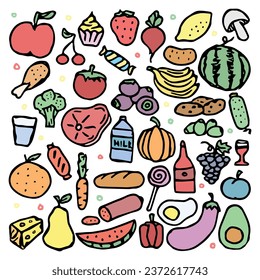 Drawn food background. Doodle colored food icons