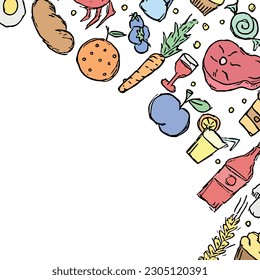 Drawn food background. Doodle food illustration with place for text