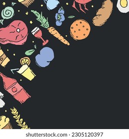 Drawn food background. Doodle food illustration with place for text