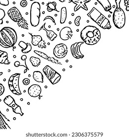 Drawn food background. Doodle food illustration with place for text