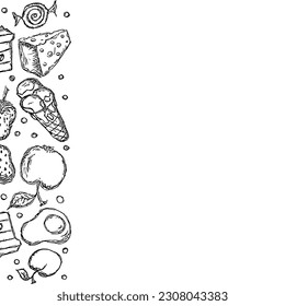 Drawn food background. Doodle food illustration with place for text