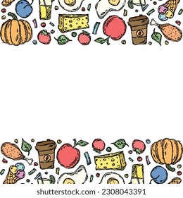 Drawn food background. Doodle food illustration with place for text