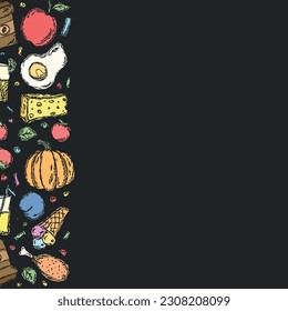 Drawn food background. Doodle food illustration with place for text