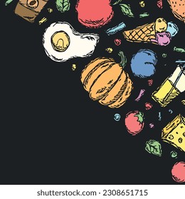 Drawn food background. Doodle food illustration with place for text