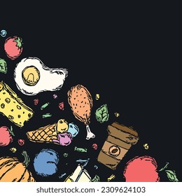 Drawn food background. Doodle food illustration with place for text