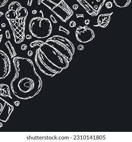 Drawn food background. Doodle food illustration with place for text