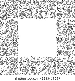 Drawn food background. Doodle food illustration with place for text
