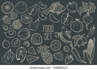 Drawn food. Menu decoration set. Cartoon. Simple stylized shapes. Black and white. Decorate the menu. Vector.