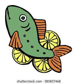 Drawn fresh fish with lemons, vector illustration, isolated on white