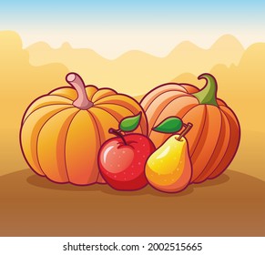 Drawn fruits and vegetables composition isolated on white background. Vector illustration of two fresh pumpkins, red apple and yellow pear. Organic vegetarian food for healthy lifestyle.