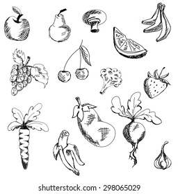 Drawn fruits and vegetables on isolated white background. Vector illustration