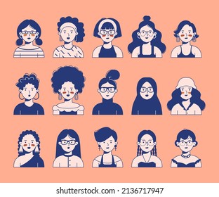 Drawn fun images of young women faces, vector set. Cartoon female portrait icons in flat style.