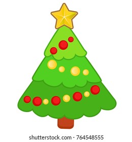 Drawn funny Christmas tree with ornaments isolated on a white background. Sketch of Christmas festive poster, party invitation, other holiday card. Vector cartoon close-up illustration.
