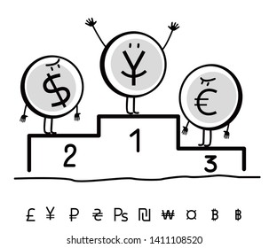 Drawn funny currency on a sports pedestal. Yuan winner. Vector line art