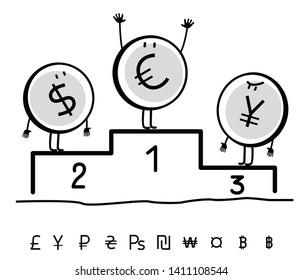 Drawn funny currency on a sports pedestal. Euro Winner. Vector line art