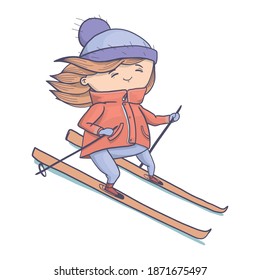 Drawn funny little men on winter vacation, skiing, snowboarding for design, posters, textile print