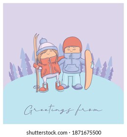 Drawn funny little men on winter vacation, skiing, snowboarding for design, posters, textile print