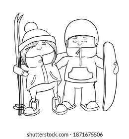 Drawn funny little men on winter vacation, skiing, snowboarding for design, posters, textile print