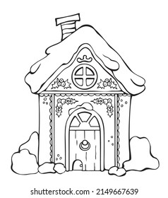 Drawn gingerbread house, cookies. Christmas sweets and treats, gingerbread in the shape of a gingerbread house with decorations. Coloring book of fairy houses. Vector illustration