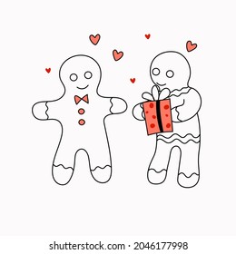 Drawn gingerbread men in doodle style. New Year, Valentine's Day, Christmas holidays illustration. Gingerbread cookies and a gift in a box. Vector. Black outline with white isolated background.