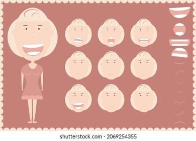Drawn girl in a dress and sneakers. Full-length illustration. Set of 11 vector smiles and facial expressions. Emotions and feelings. Cartoon woman. Collection of mouths.