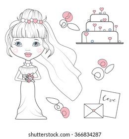 drawn girl in a wedding dress, wedding day, wedding cake with envelope and flowers, the wedding sketch on a white background with pink hearts,great cake and a letter, Doodle vector