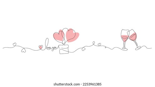 Drawn glasses of wine, gift and hearts on white background. Vale