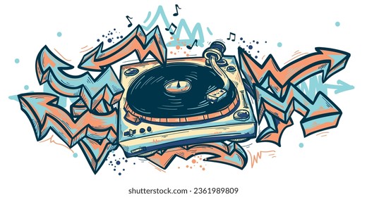 Drawn graffiti turntable  and graffiti arrows, colorful music design