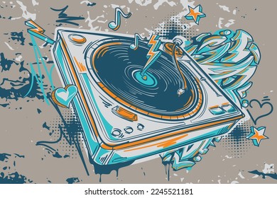 Drawn graffiti turntable colorful music design