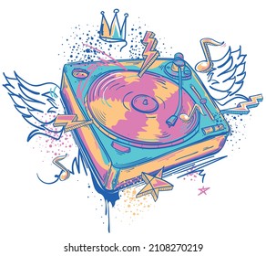 Drawn graffiti turntable and musical notes, colorful music design