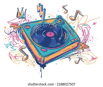 Drawn graffiti turntable and musical notes, colorful music design