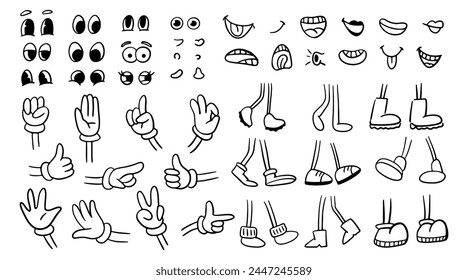 Drawn groovy character comic face parts, isolated personage design. Vector isolated legs in boots and arms in gloves, nose and eyes with eyelashes, mouth screaming and smiling and noses