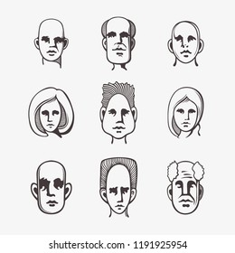 Drawn grunge grim graphic icon of a man's head. Vector illustration of people. Portrait in a modern style design