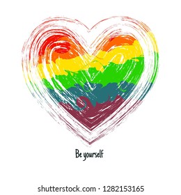 Drawn grunge heart with iridescent paint isolated on white background. LGBT community symbol. Gay pride symbol. Vector illustration.