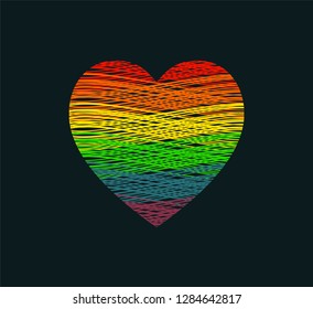 Drawn grunge heart with iridescent paint on dark background. LGBT community symbol. Gay pride symbol. Vector illustration.