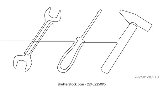 Drawn hammer, screwdriver, wrench.Locksmith tool for work.One line drawing.Vector illustration.