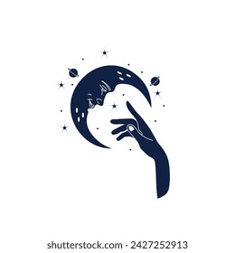 Drawn hand, crescent, planets and stars on white background. Ast
