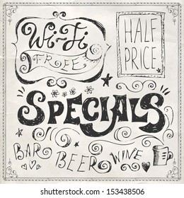 drawn hand food label frame blackboard arrow menu stylized menu drawing with chalk on a blackboard vector drawn hand food label frame blackboard arrow menu line classic nails star texture bar isolated