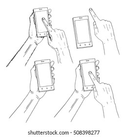 Drawn hand holding phone. Finger on phone pressing on screen. Retro set of sketches isolated. Vintage style. Doodle linear graphic design. Black and white image. Vector illustration of electronics.