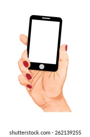 Drawn hand holding smart phone. Watercolor, vector