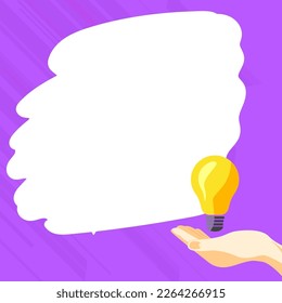 Drawn Hand holding yellow bulb. Important message written on white textholder. Main information in cropped speech bubble over colored comic background.