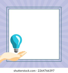 Drawn Hand holding yellow bulb. Important message written on white textholder. Main information in cropped speech bubble over colored comic background.