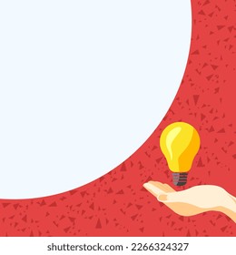 Drawn Hand holding yellow bulb. Important message written on white textholder. Main information in cropped speech bubble over colored comic background.