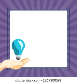 Drawn Hand holding yellow bulb. Important message written on white textholder. Main information in cropped speech bubble over colored comic background.