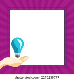 Drawn Hand holding yellow bulb. Important message written on white textholder. Main information in cropped speech bubble over colored comic background.