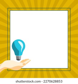 Drawn Hand holding yellow bulb. Important message written on white textholder. Main information in cropped speech bubble over colored comic background.
