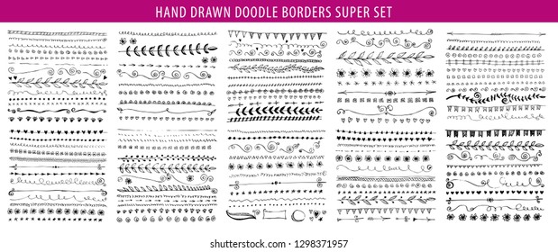 Drawn Hand Drawn Line Border Frame Vector Doodle Design Element Bundle Set For Invitation Or Greeting Card Drawn Cute Line Classic White Vegetation Flower Ritual Nails Hand Isolated Black Abstract Edg